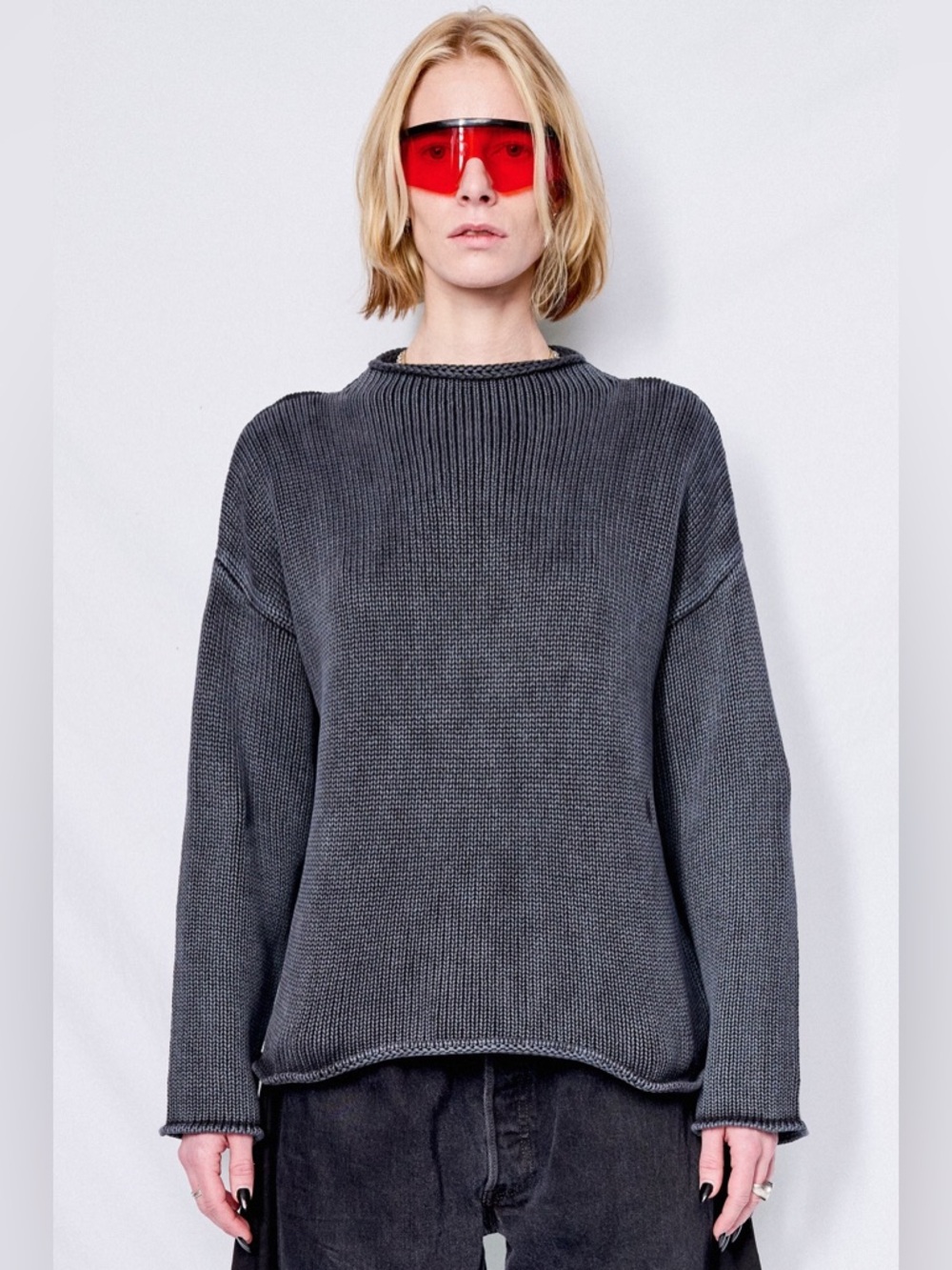 Demylee NY Minimalist Dark Gray Cotton Knit Mockneck Sweater Sz M Coastal Casual
